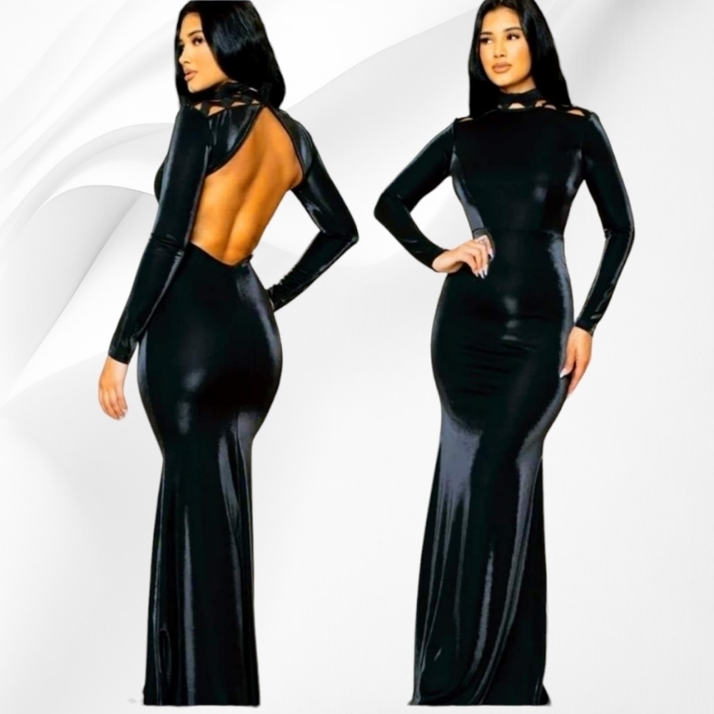 Mermaid Maxi Dress | Shimmer | Back Out | Mock Neck | Black